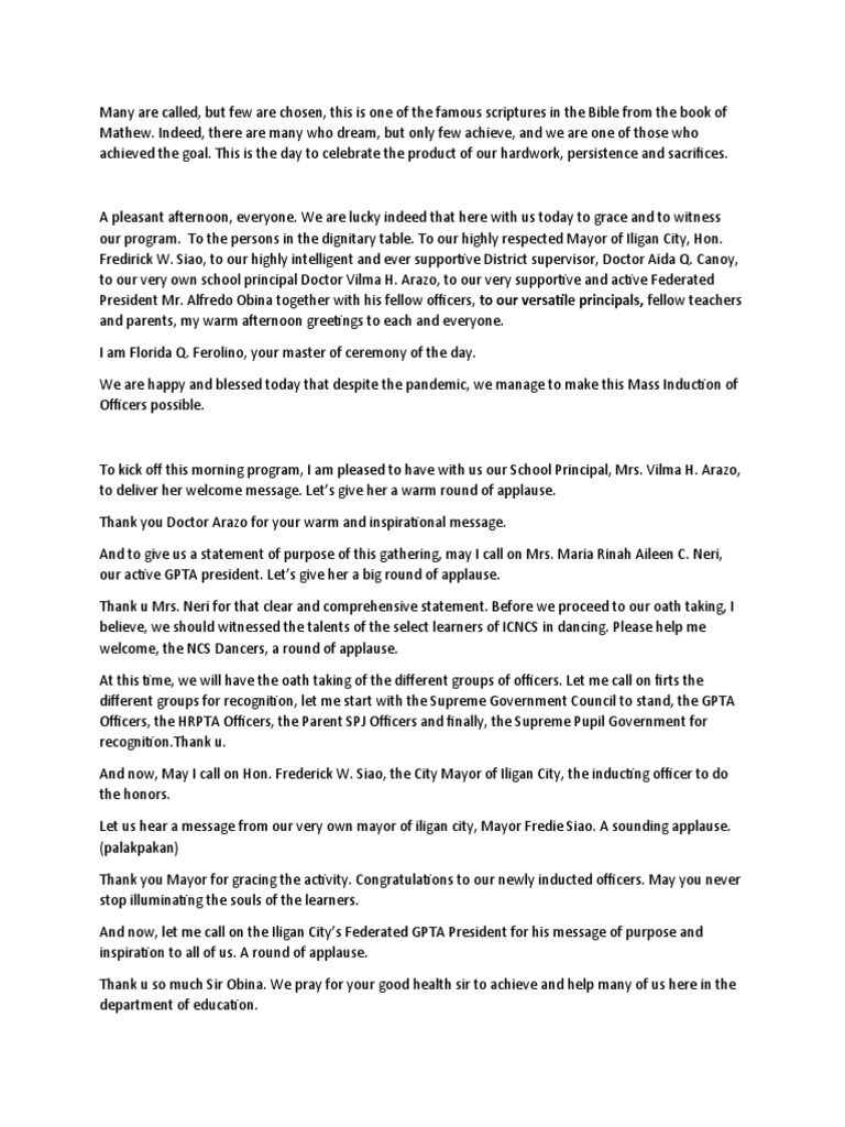 Mass Induction of Officers Ceremony Script | PDF