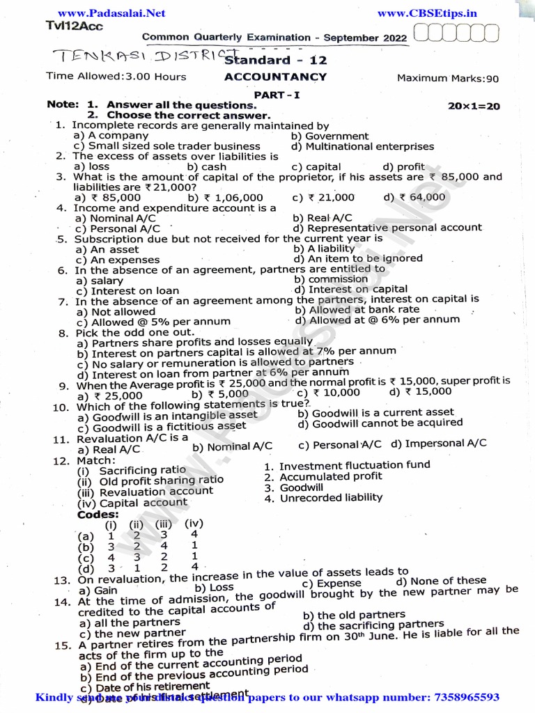 12th Accountancy EM Quarterly Exam 2022 Original Question Paper Tenkasi