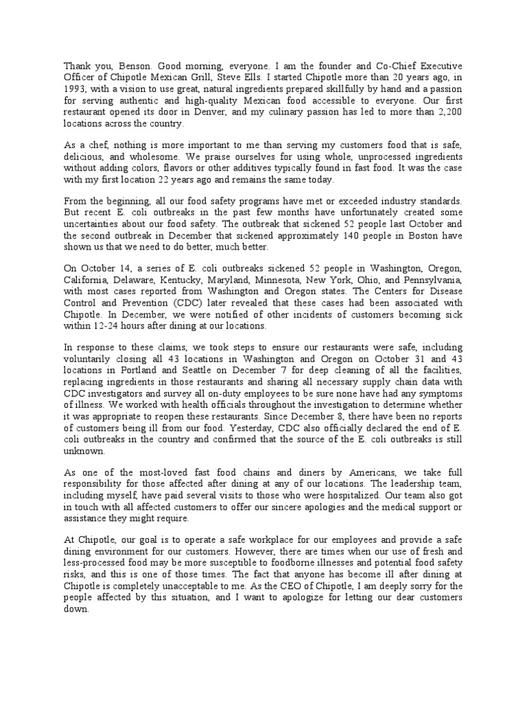 Spokeperson Script For Chipotle E.Coli Outbreak 2015 PDF Chipotle