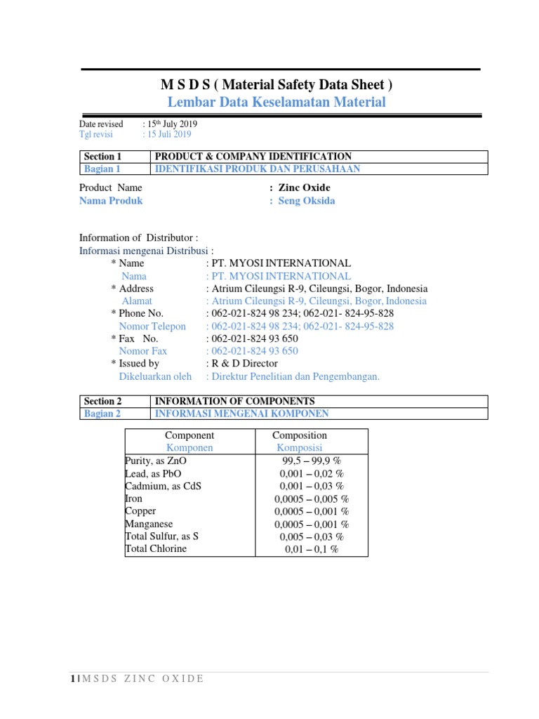 MSDS Zinc Oxide (English Indonesia) PDF