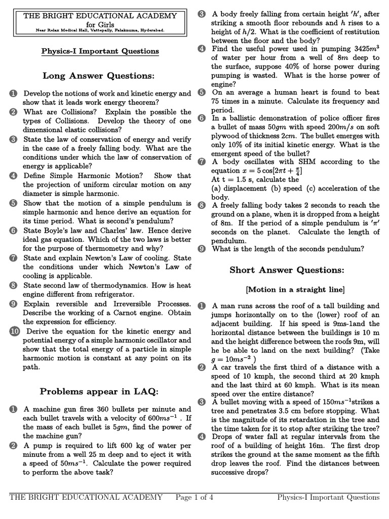 Long Answer Questions:: Physics-I Important Questions | PDF