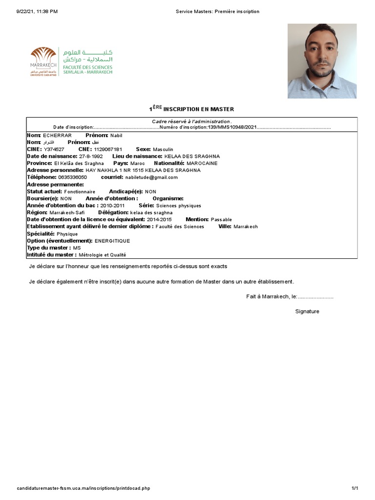 Inscription au Master à Kelaa Sraghna | PDF