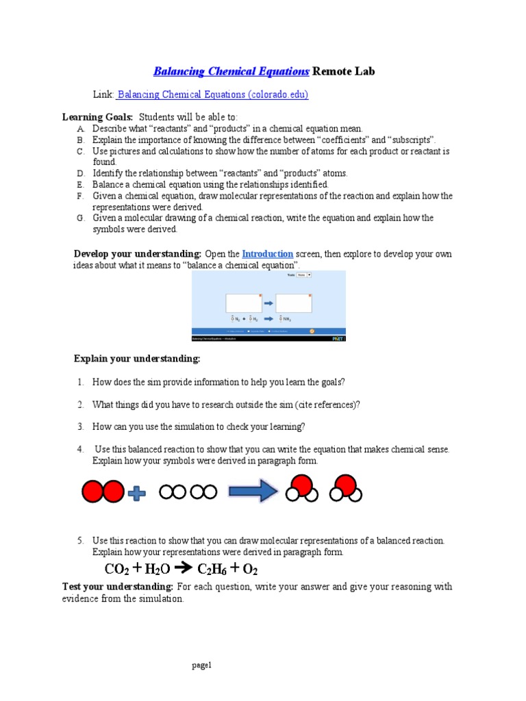 Balancing Chemical Equations Remote Lab | PDF