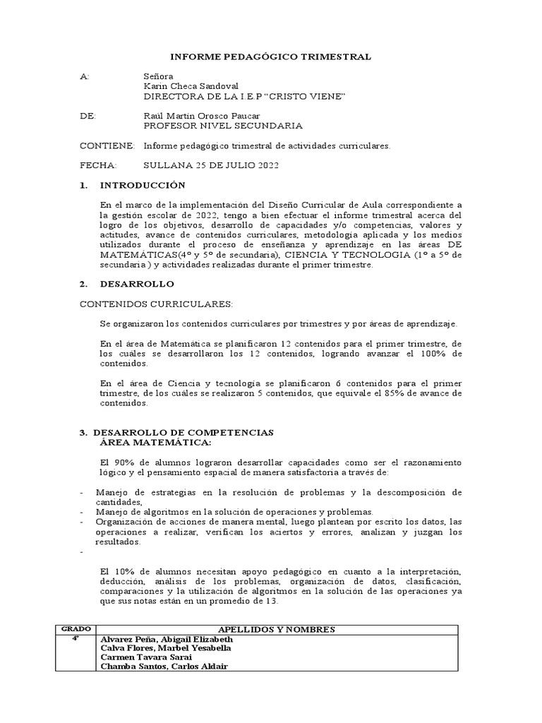 Informe Pedagógico Trimestral 2022 | PDF | Plan de estudios ...