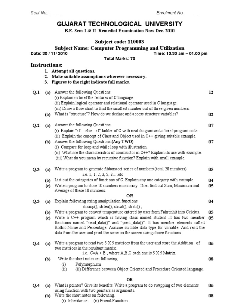 C Programming Exam Nov/Dec 2010 | PDF | C (Programming Language) | C++