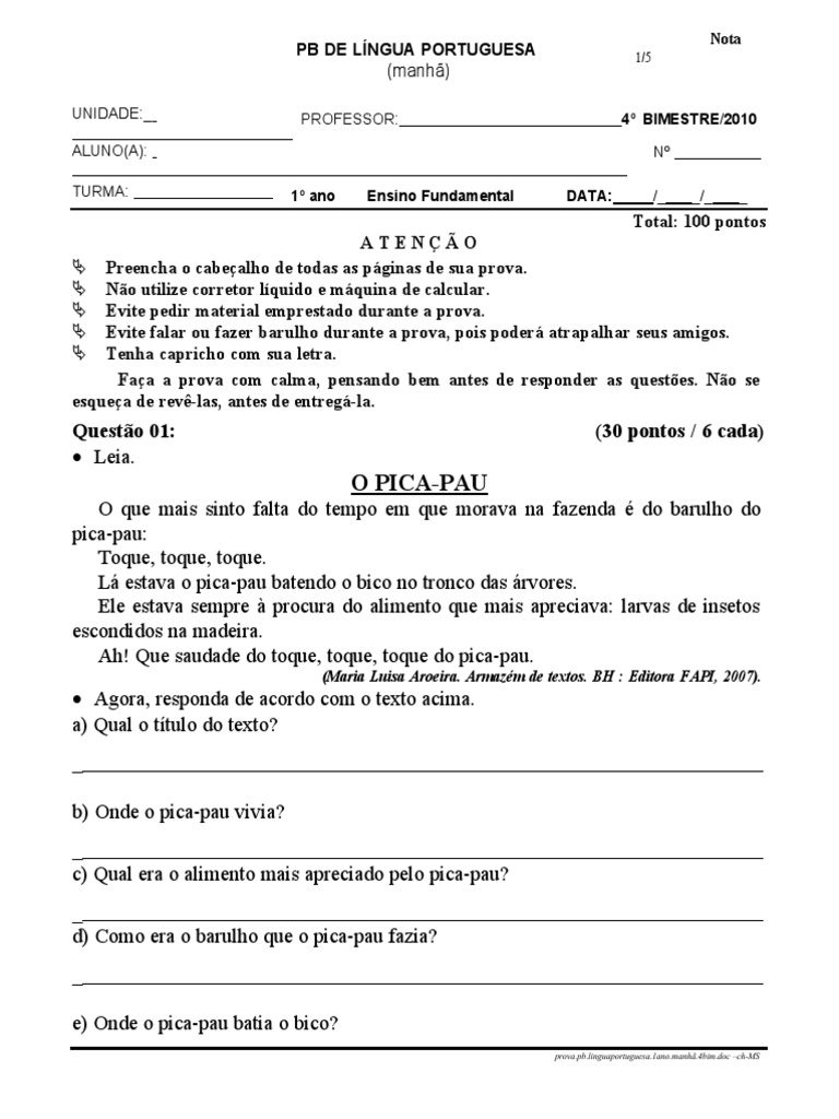 Prova de Português - 1º Ano - 4º Bimestre | PDF | Aves | Ornitologia