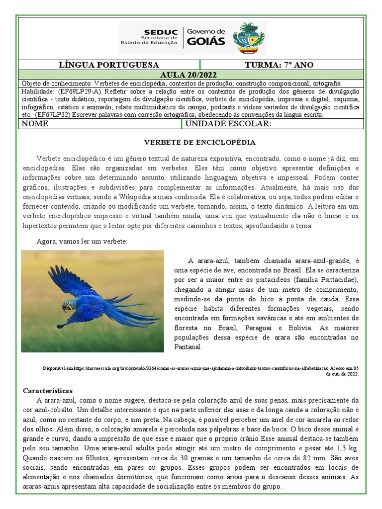 Verbete de Enciclopédia: Arara-Azul | PDF