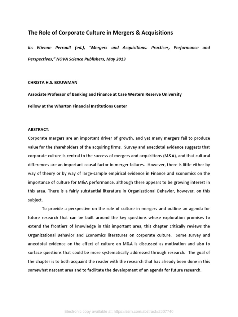 SSRN Id2307740 | PDF | Organizational Culture | Mergers And Acquisitions