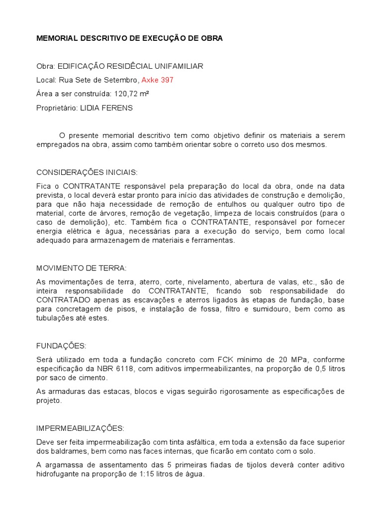 Memorial Descritivo de Obra Residencial | PDF | Argamassa (alvenaria ...