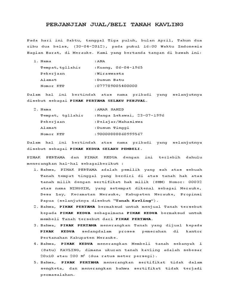 Perjanjian Jual Beli Tanah Kavling | PDF