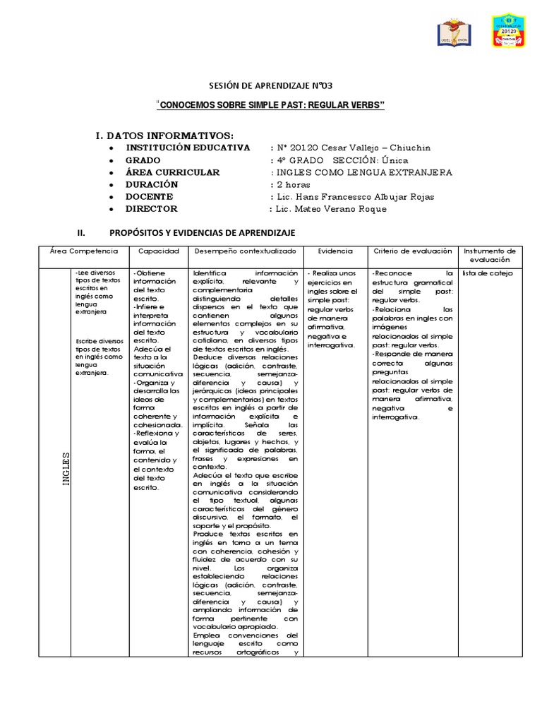 Sesión de Aprendizaje N03 Ingles 4 Grado | PDF | Aprendizaje | Evaluación