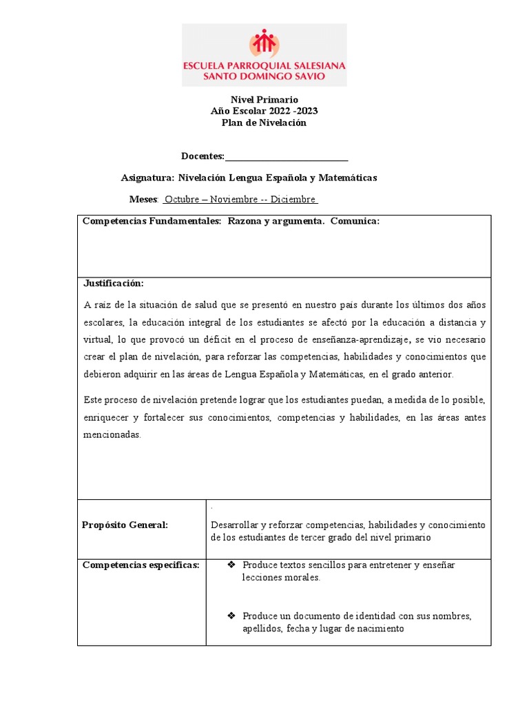 Plan de Nivelación para Tercer Grado | PDF | Educación primaria ...