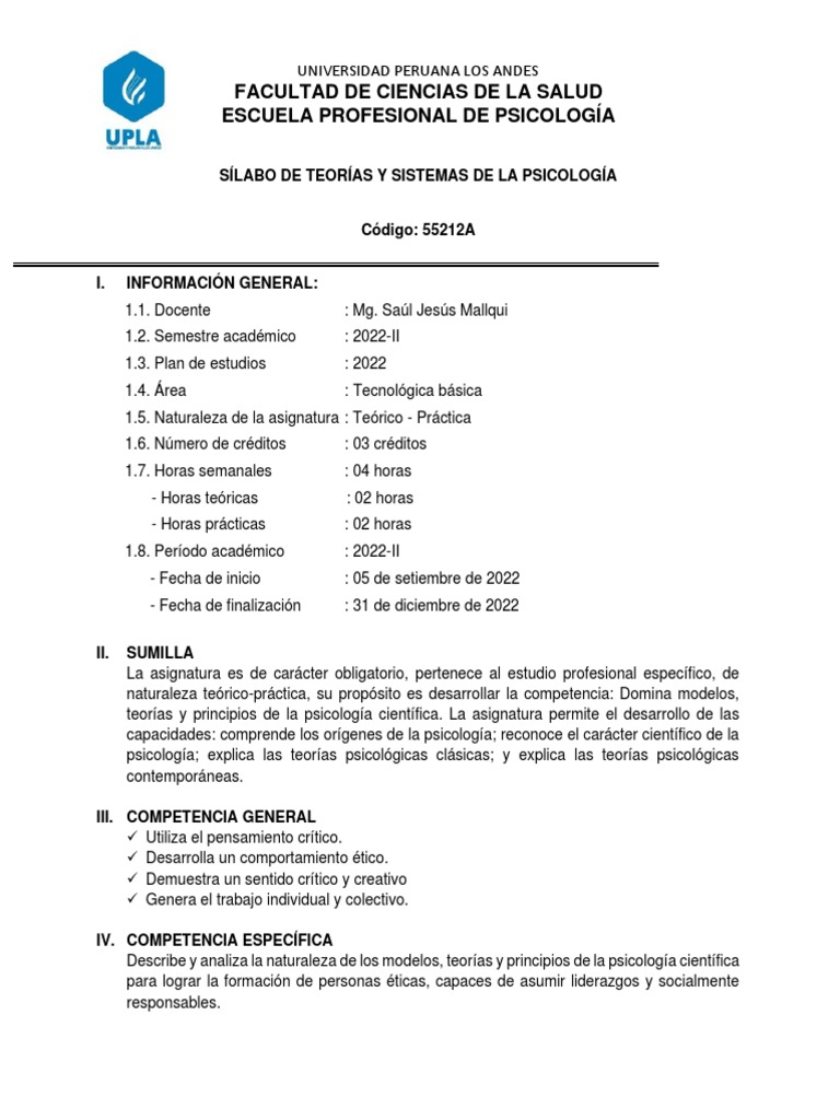 SILABO Teorías y Sistemas de La Psicología POR COMPETENCIAS | PDF