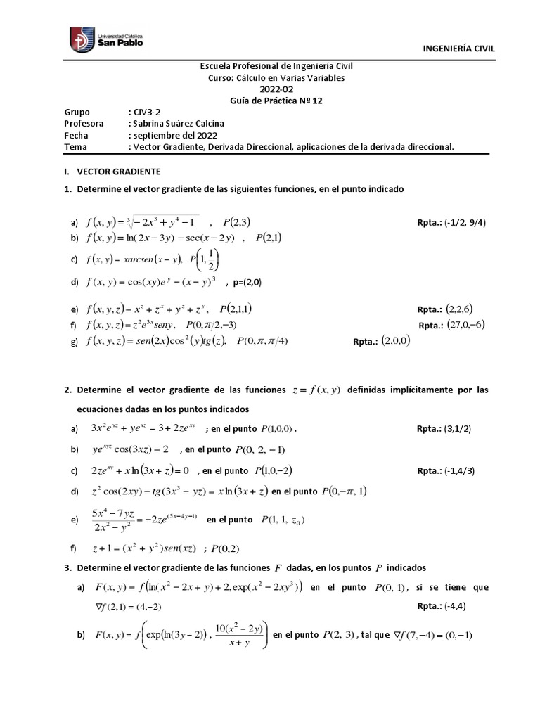 Vector Gradiente y Derivadas Direccionales en Cálculo Multivariable ...