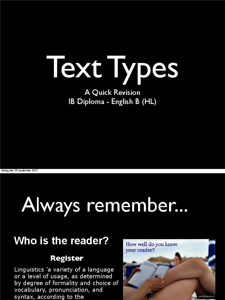 IB English B Text Types Overview | PDF | Cognition | Writing