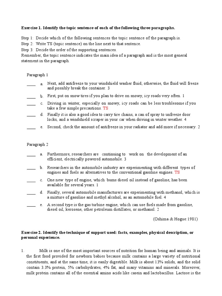 Exercise 1 Identifying Supporting Sentences PDF Milk Diesel Fuel