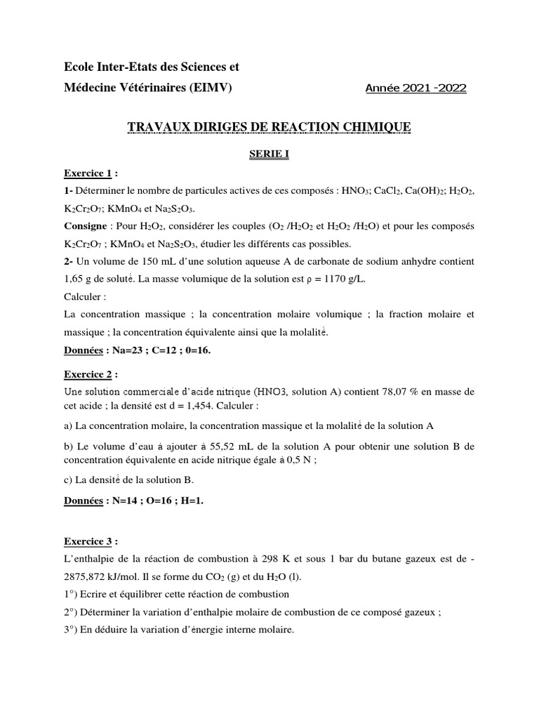 Travaux Dirigés en Réaction Chimique 2021-2022 | PDF