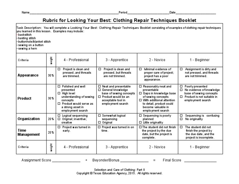 Rubric For Looking Your Best Clothing Repair Techniques Booklet PDF
