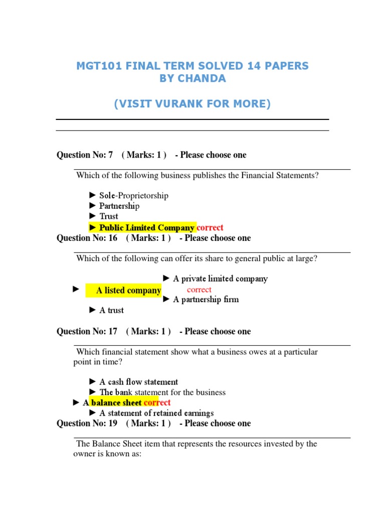 Mgt101 Final Term Solved 14 Papers | PDF | Debits And Credits | Bad Debt