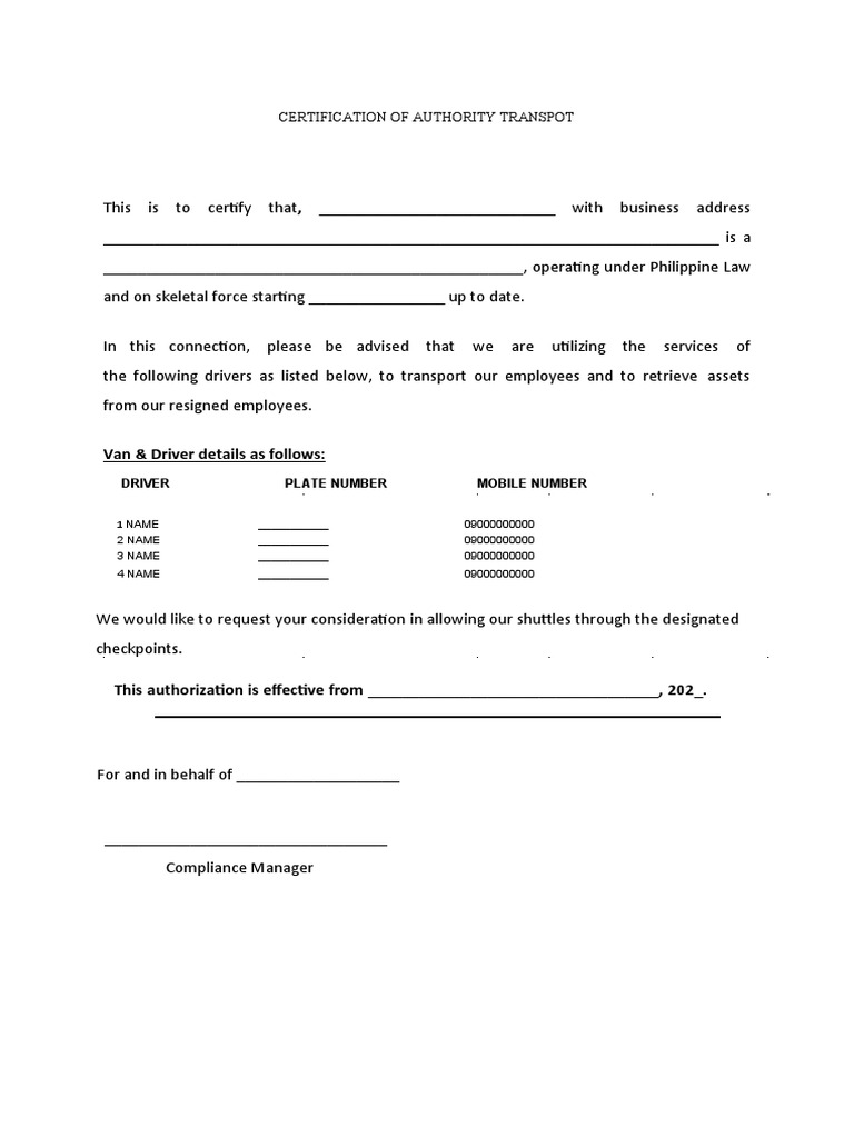 CERTIFICATION OF AUTHORITY TRANSPOT Sample | PDF