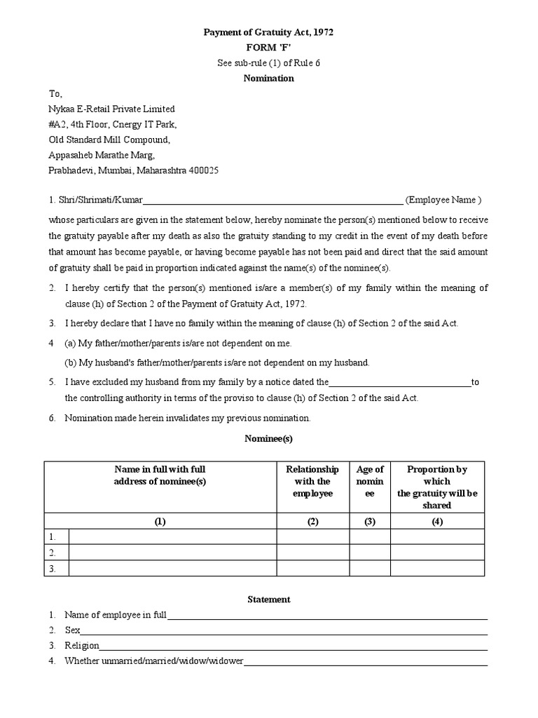 Form F Gratuity | PDF