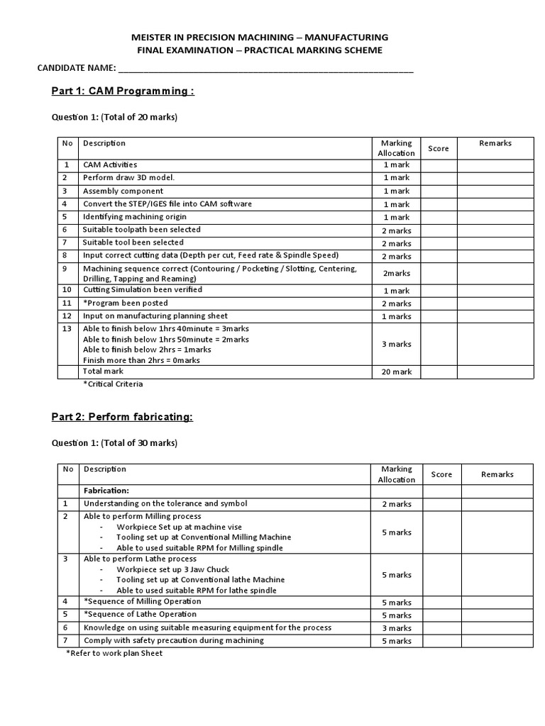 Practical Marking Scheme for Machining Exam | PDF | Machining | Machine ...