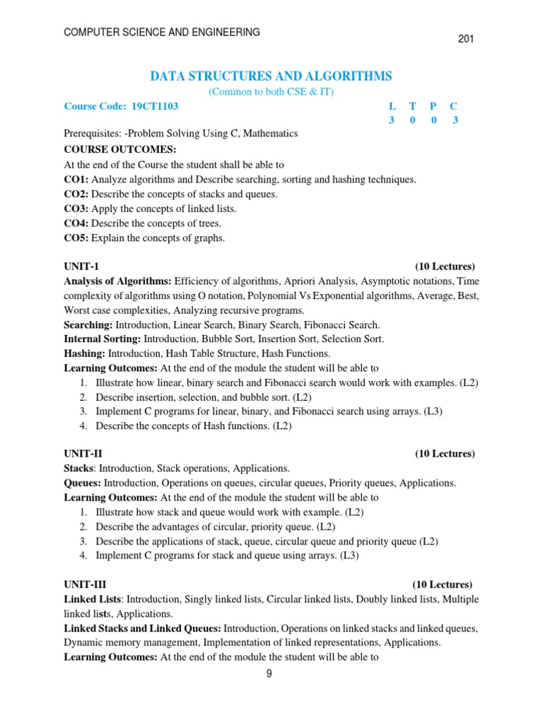 Data Structures and Algorithms: Course Code: 19CT1103 L T P C 3 0 0 3 | PDF