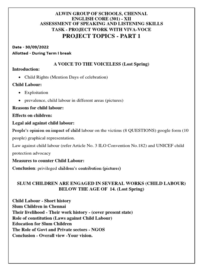 Project topics english xii pdf