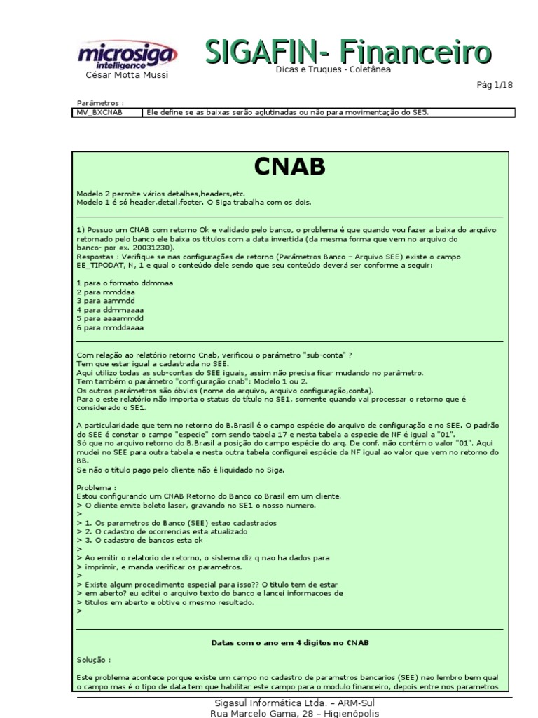 Dicas para Configuração de CNAB | PDF | Conta de transação | Bancos ...