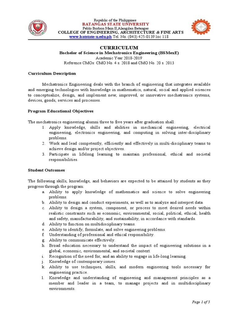 Bachelor Of Science In Mechatronics Engineering Bsmexe Pdf