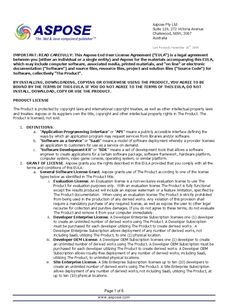 Aspose Licenseagreement Pdf Software As A Service Application Programming Interface