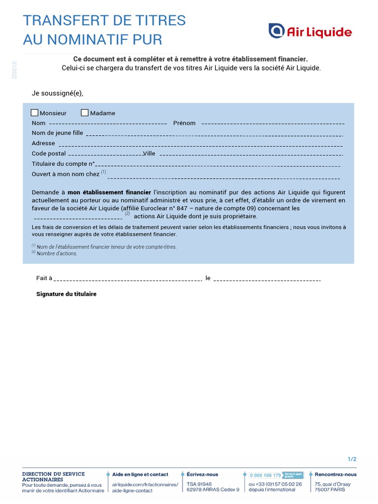 2022 Air Liquide Transfert de Titres Au Nominatif Pur Inscriptible PDF
