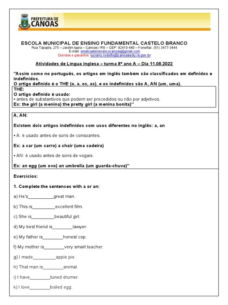 Uso de A e AN em Inglês | PDF | Artes Linguísticas e Disciplina ...
