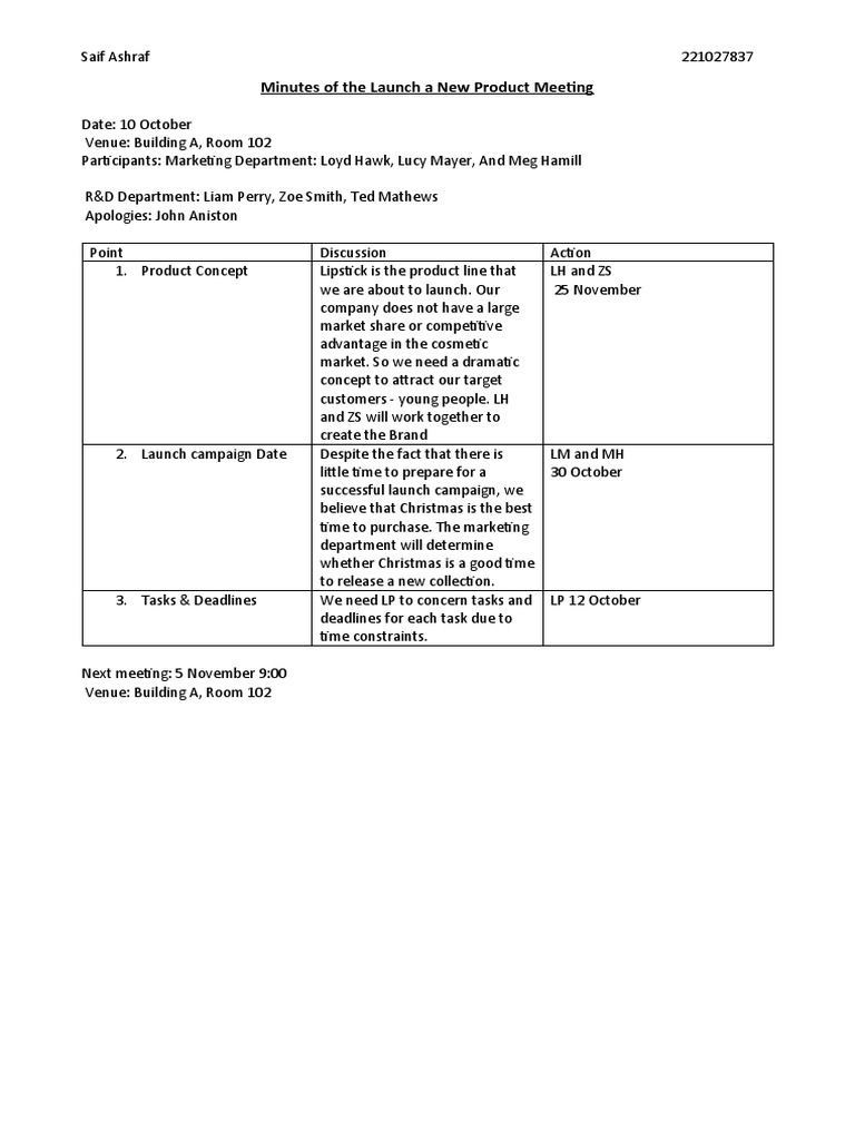 Minutes of The Launch A New Product Meeting | PDF