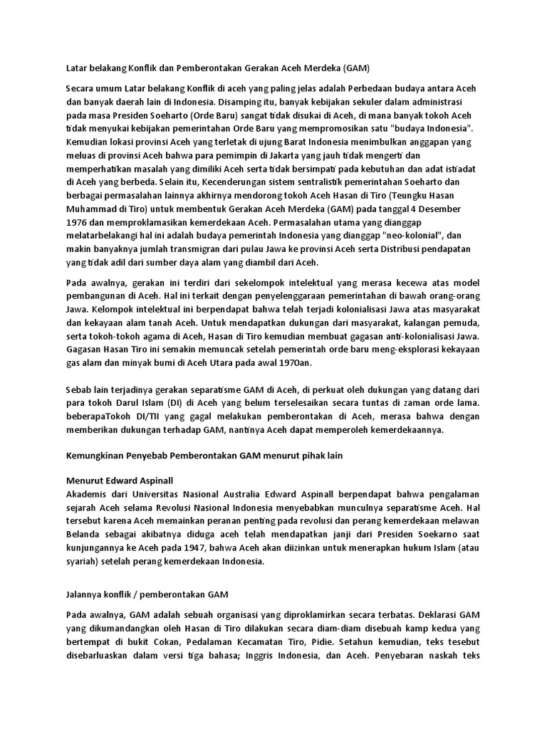 Kemungkinan Penyebab Pemberontakan GAM Menurut Pihak Lain Menurut