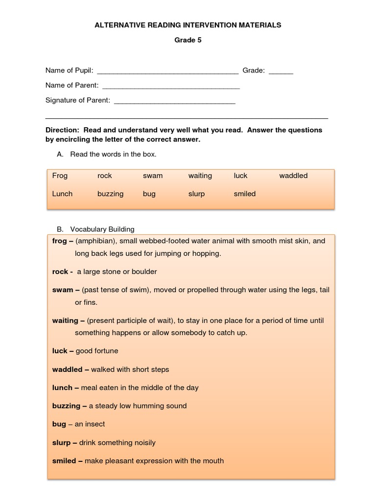 ALTERNATIVE READING INTERVENTION MATERIALS Grade 5 PDF Frog