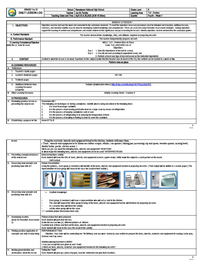 Grade 9 TLE Cookery Lesson Plan | PDF