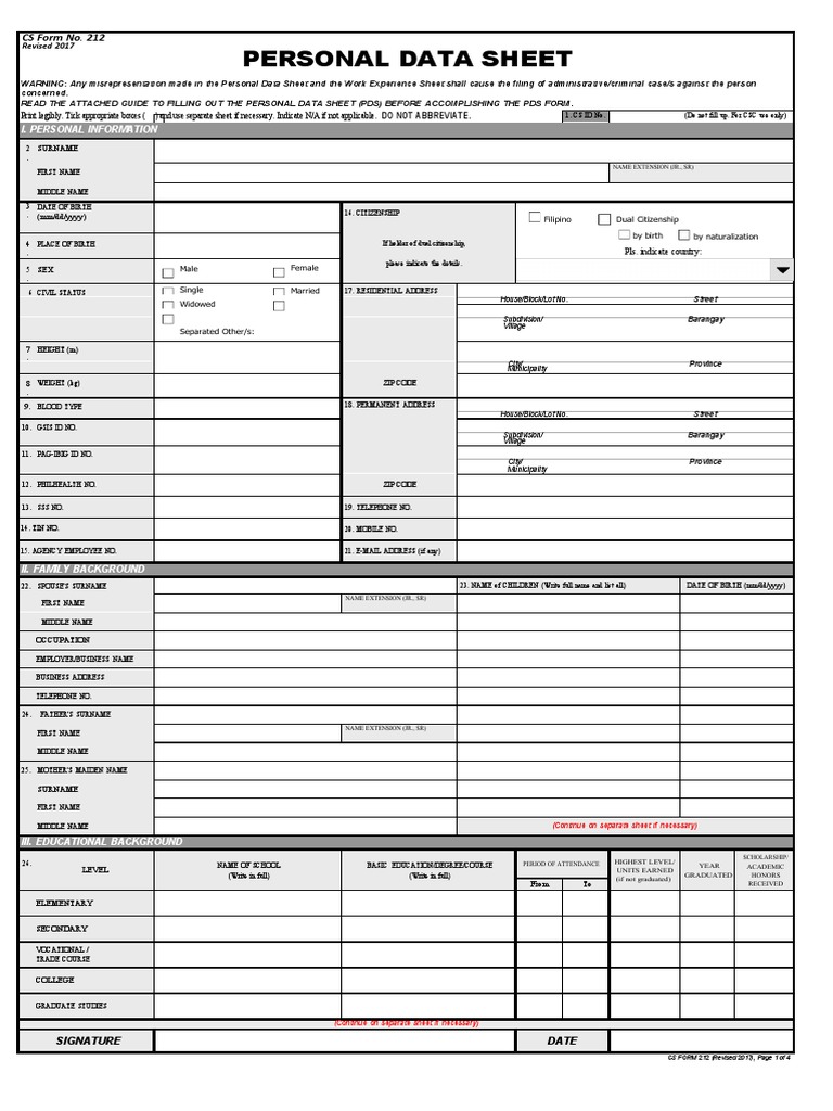 CS Form No. 212 Revised Personal Data Sheet - New | PDF
