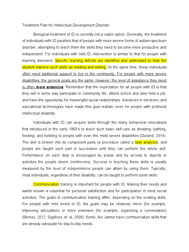 Treatment Plan For Intellectual Development Disorder Pdf