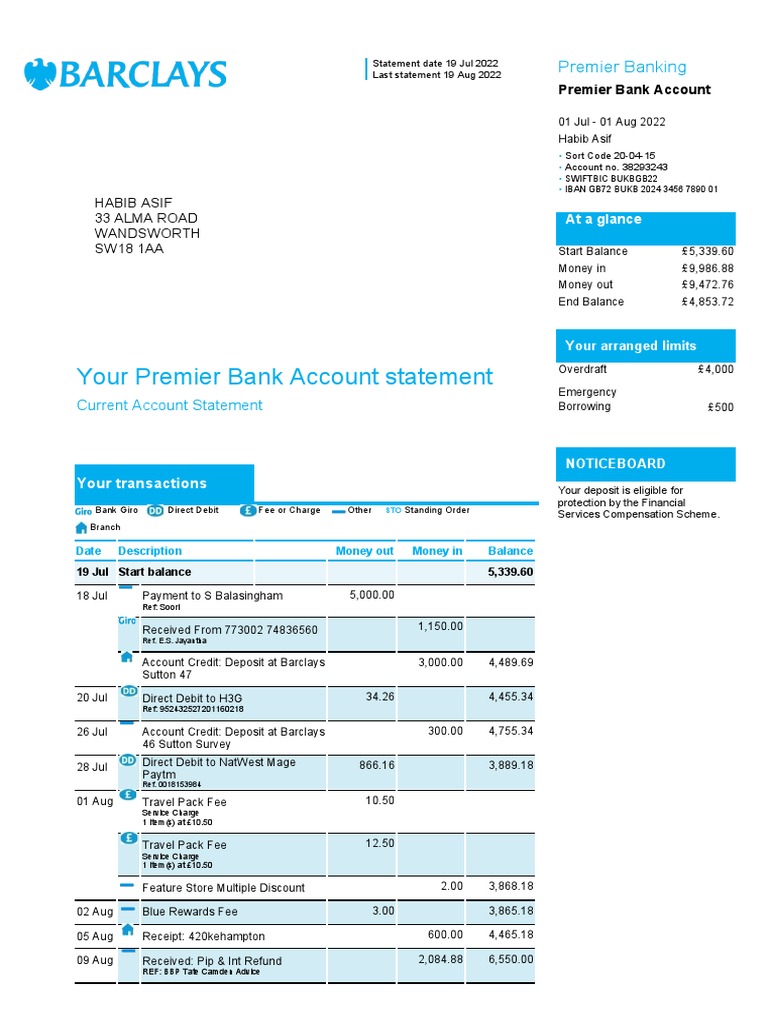 Your premier bank account statement habib asif 33 alma road wandsworth