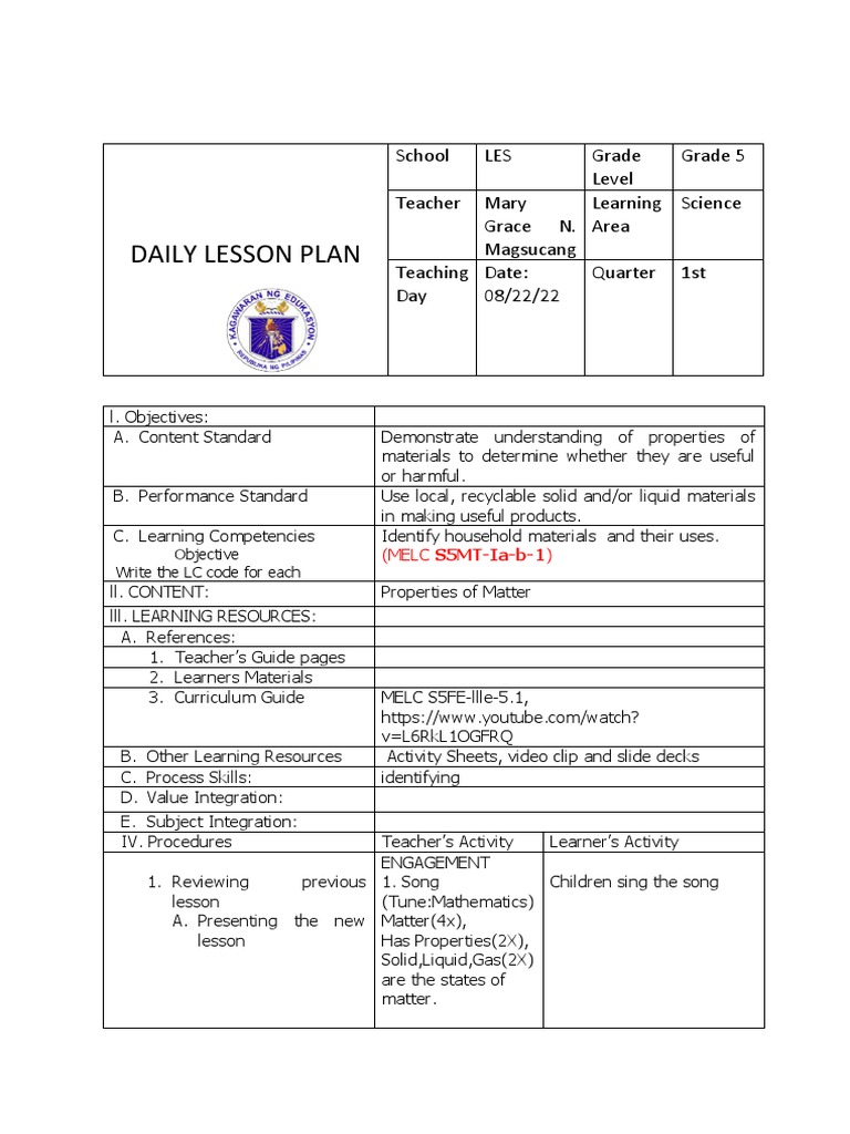 Grade 5 Science Lesson Plan on Matter | PDF | Language Arts & Discipline