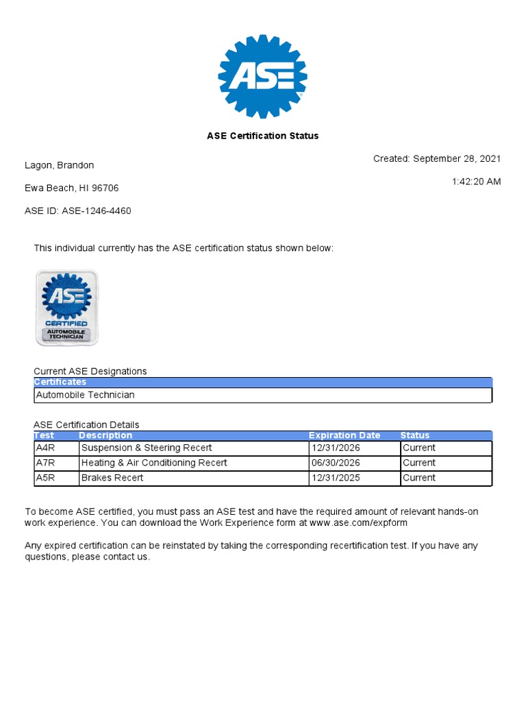 ASE Certification Status Certificates PDF