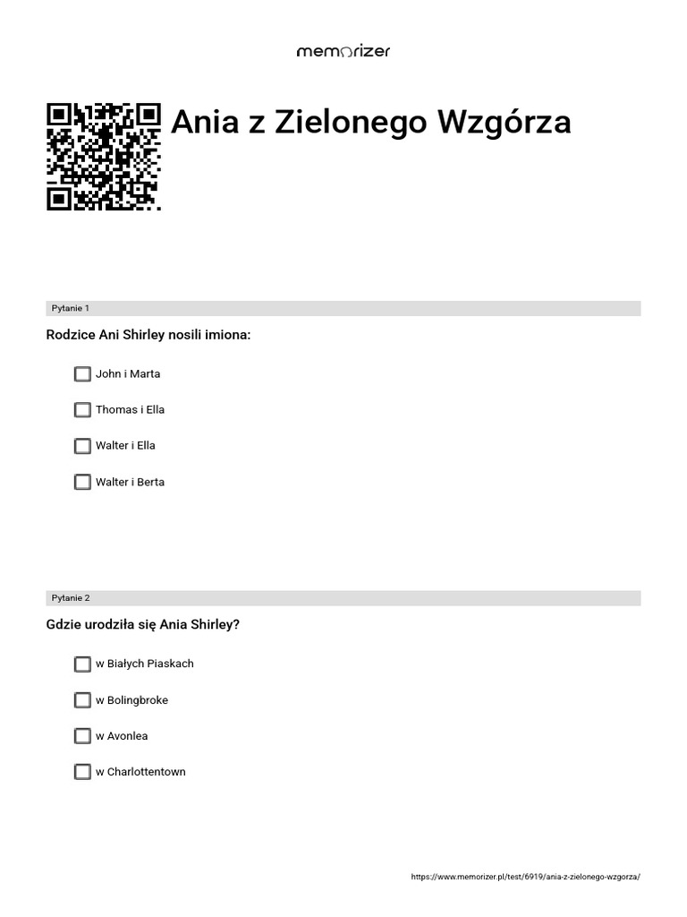 Ania Z Zielonego Wzgórza Test Klasa 5 Ania Z Zielonego Wzgórza - ROZWIĄŻ | PDF