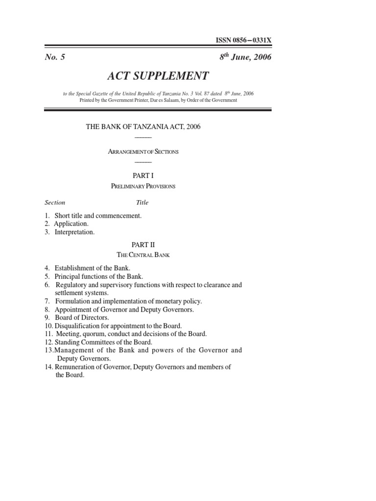 Bank of Tanzania Act Overview 2006 | PDF | Securities (Finance) | Banks