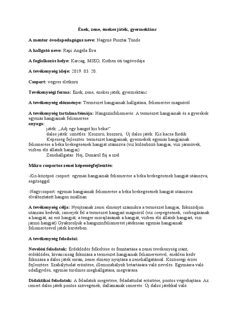 Ének, Zene, Énekes Játék, Gyermektánc (Víz Téma 2. Hét) | PDF