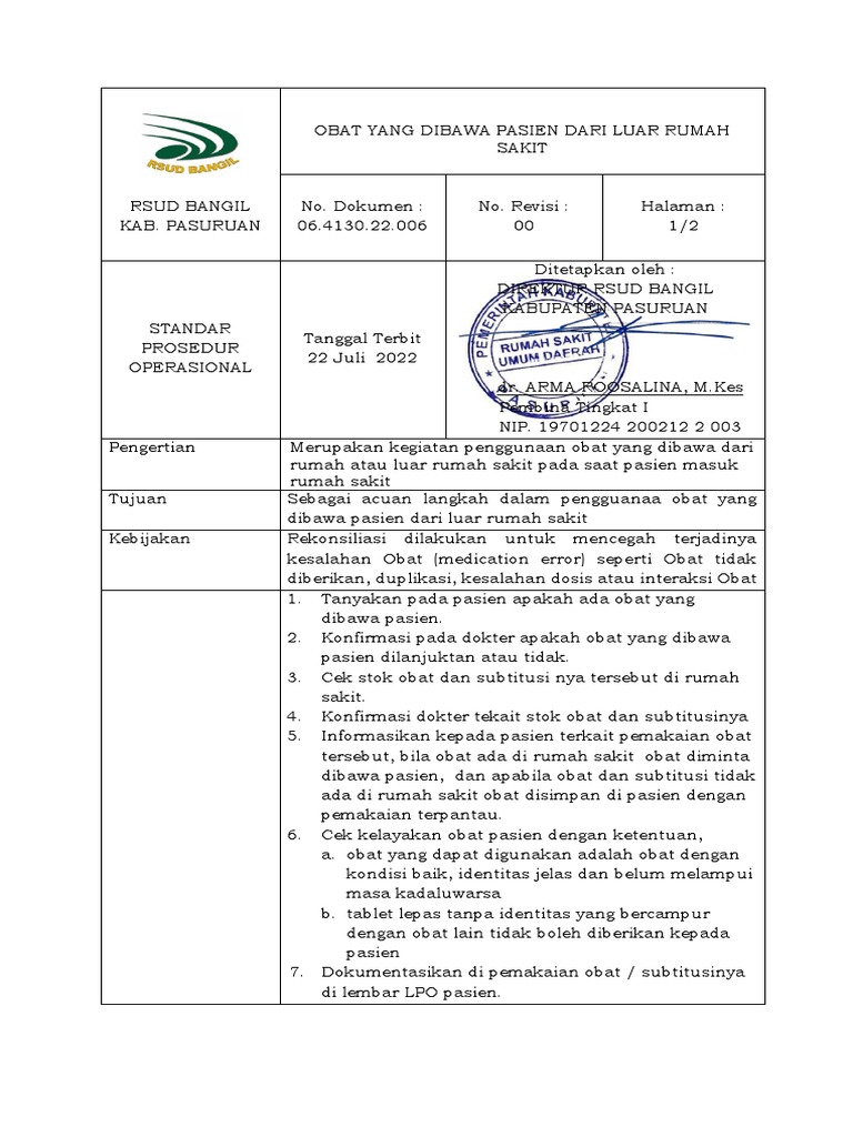 Obat Yang Dibawa Pasien Dari Luar Rumah Sakit | PDF