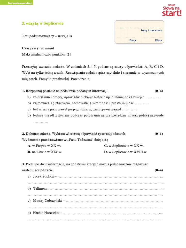 Pan Tadeusz Test Klasa 8 Pan Tadeusz Test Wersja B | PDF
