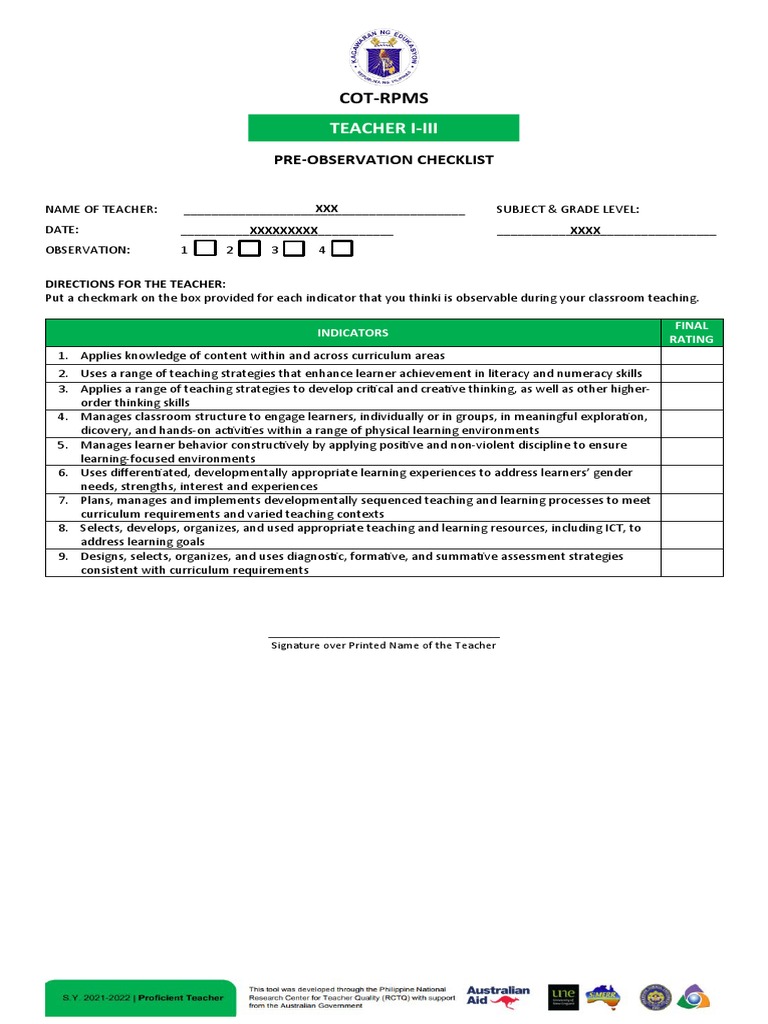 COT Pre Observation Checklist PDF Teaching Method Learning