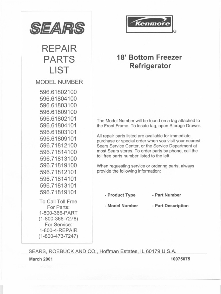 Kenmore Bottom Freezer Refrigerator Stainless Steel 596.71813100 Parts Manual PDF Personal