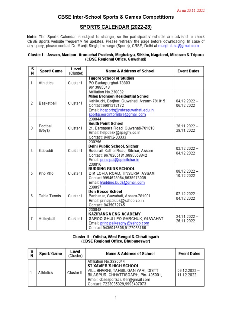 CBSE Sports Calendar (202223) PDF Sports